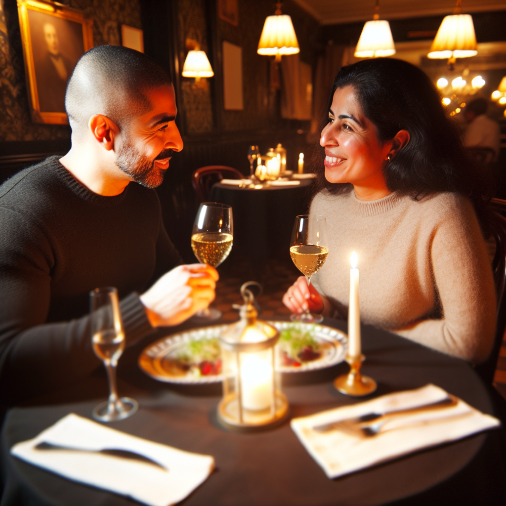 Pareja disfrutando de una cena romántica en un res